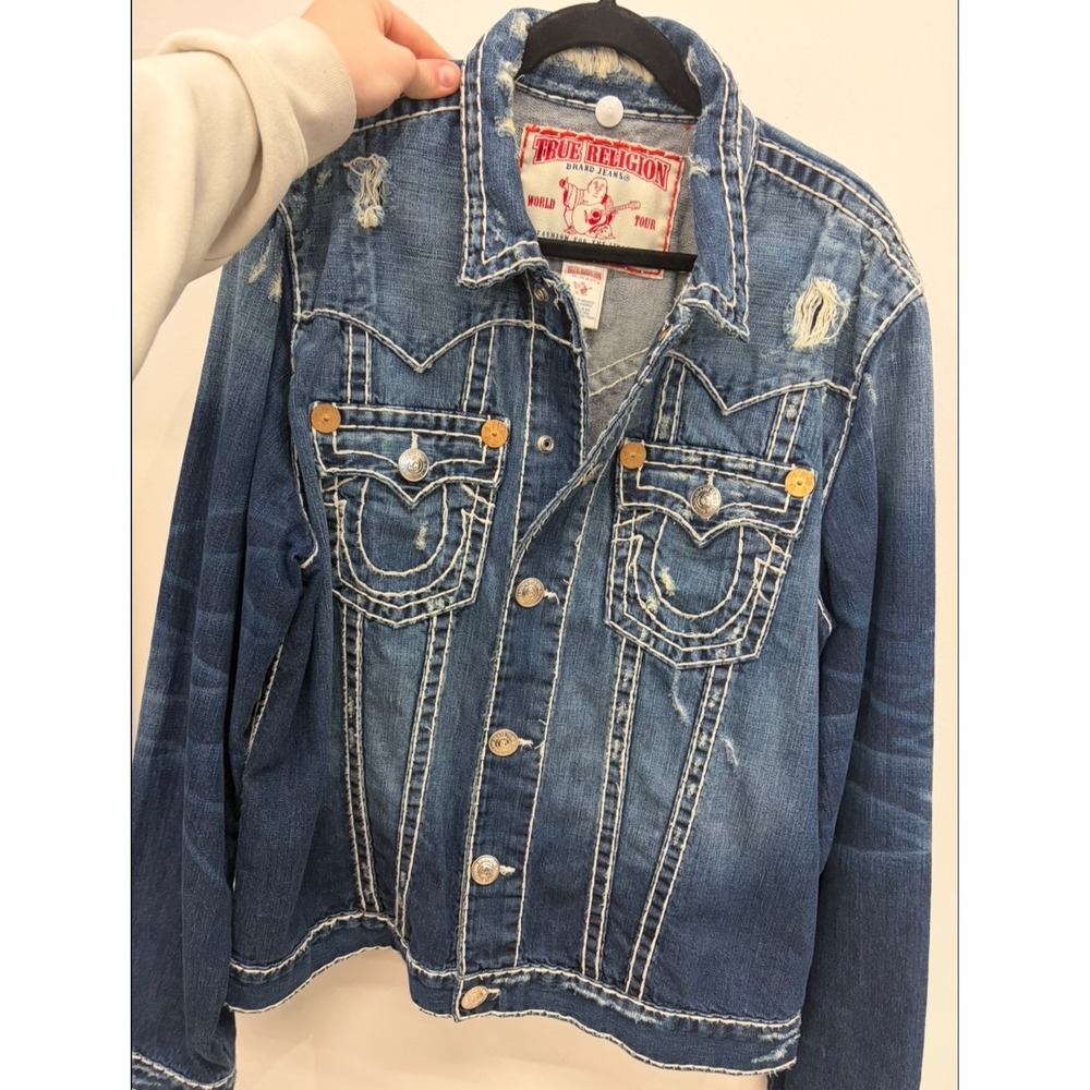 True Religion Jimmy Super T Distressed Denim Jacket XXL Mens Blue Trucker